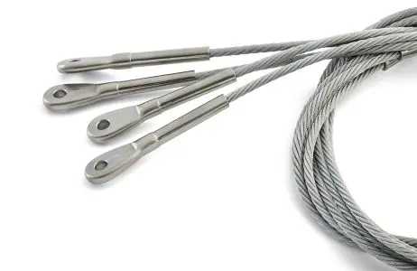 Marine eye cable assemblies Group of wire rope assemblies with metal eye terminals on a light background.