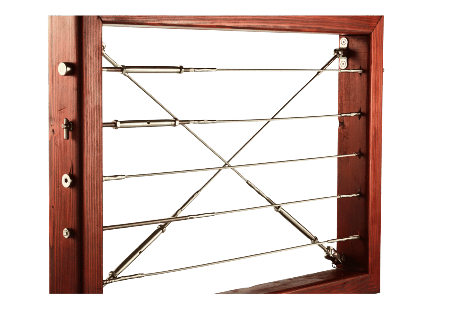 Cable railing section with metal cables tensioned across a wooden frame.