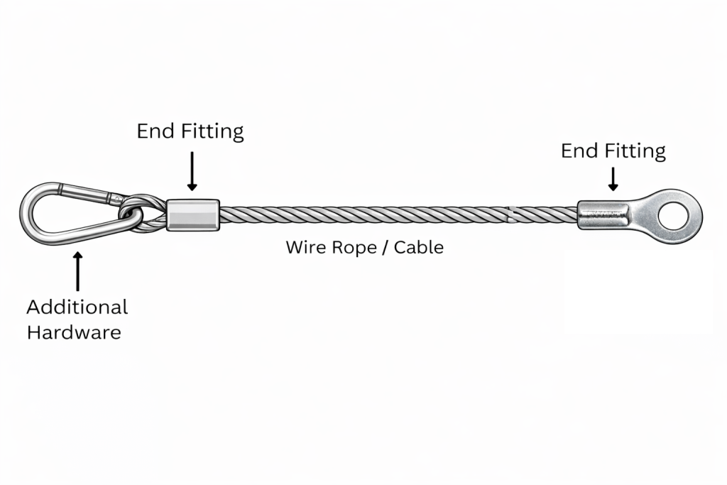 Labeled diagram of a wire rope assembly showing the three key components: wire rope cable, end fittings at each terminal, and additional hardware such as a carabiner