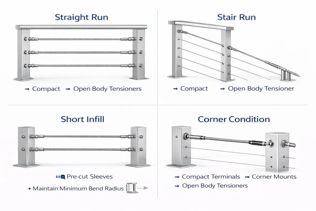 Wire rope railing system configurations