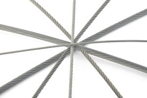 Aircraft cable wire rope strands arranged in a radial pattern on a light background.