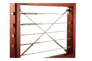 Cable railing section with metal cables tensioned across a wooden frame.