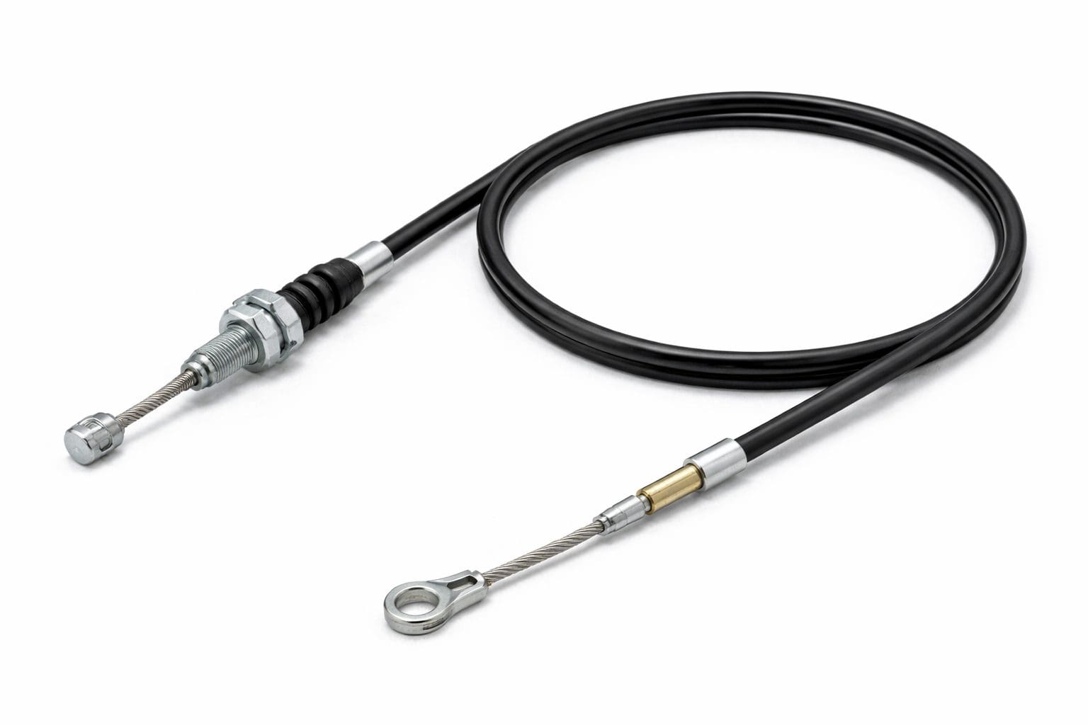 A coiled black Bowden control cable assembly featuring a threaded stud fitting on one end and a stamped eye fitting on the other.