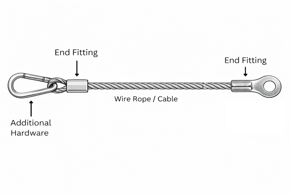 Labeled diagram of a wire rope assembly showing the three key components: wire rope cable, end fittings at each terminal, and additional hardware such as a carabiner