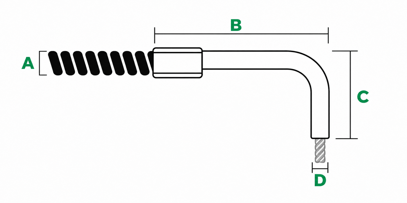 Technical diagram of a 90-degree threaded conduit end fitting. Labeled dimensions: A – conduit coating length, B – overall length to the bend, C – bend height, D – thread diameter.