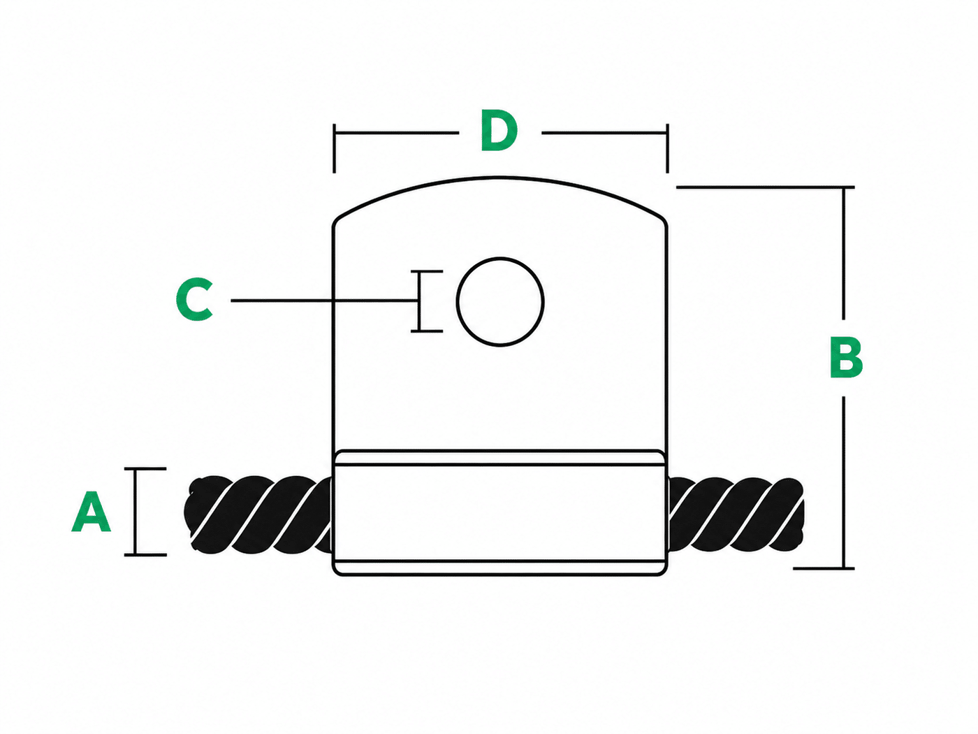 Technical diagram of a conduit clip fitting mounted on wire rope. Labeled dimensions: A – rope diameter, B – overall height, C – mounting hole diameter, D – clip width.