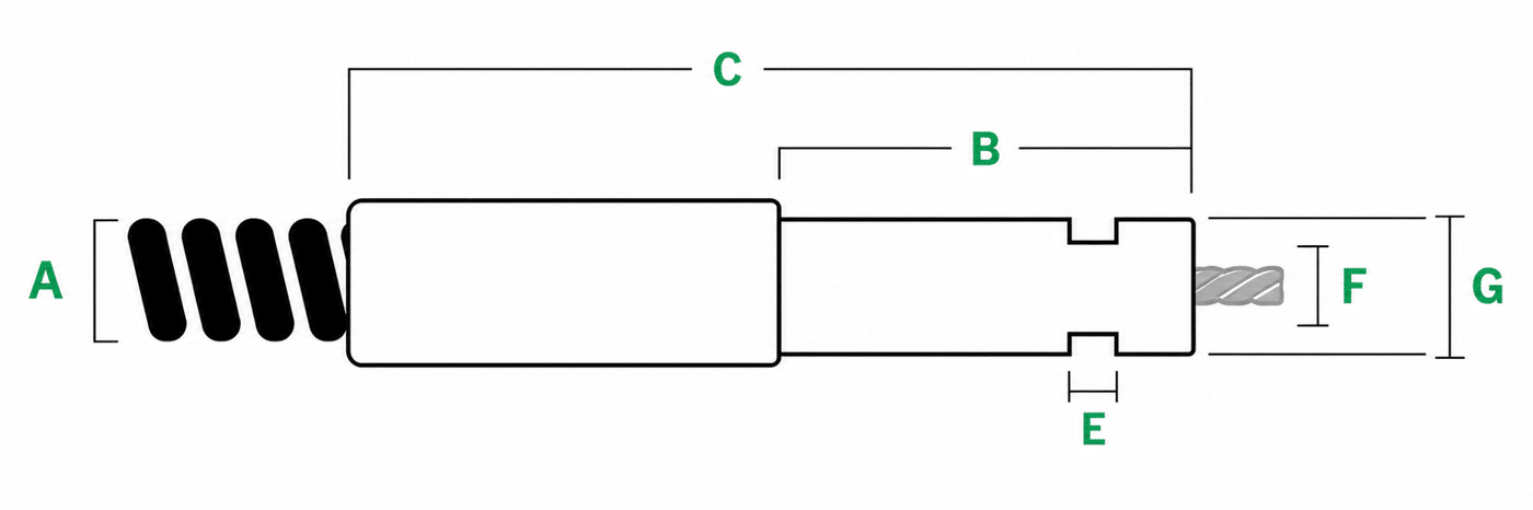 Technical diagram of a snap ring conduit fitting. Labeled dimensions: A – conduit diameter, B – nose length, C – overall length, D – inner wire size, E – snap ring recess width, F – snap ring recess diameter, G – end diameter.