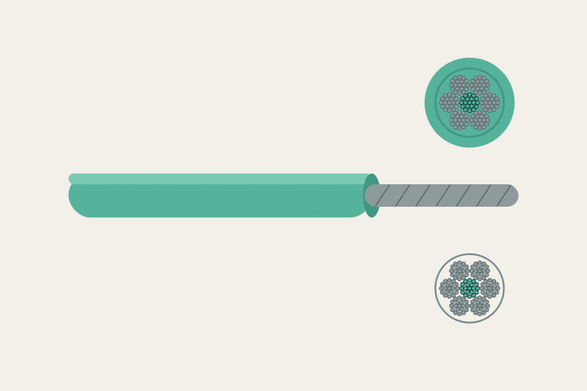 Nylon-coated wire rope with the coating stripped back to bare cable