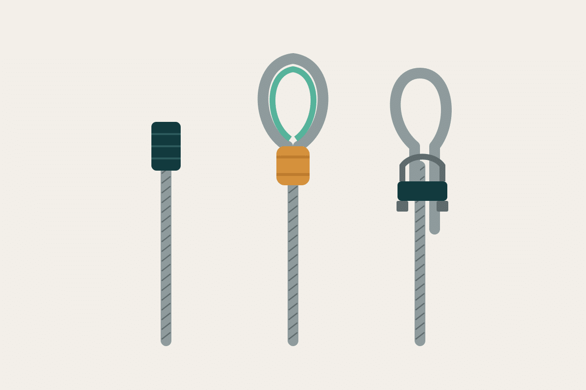 Three wire rope terminations: a swaged stop, a sleeve and thimble eye, and a wire rope clip